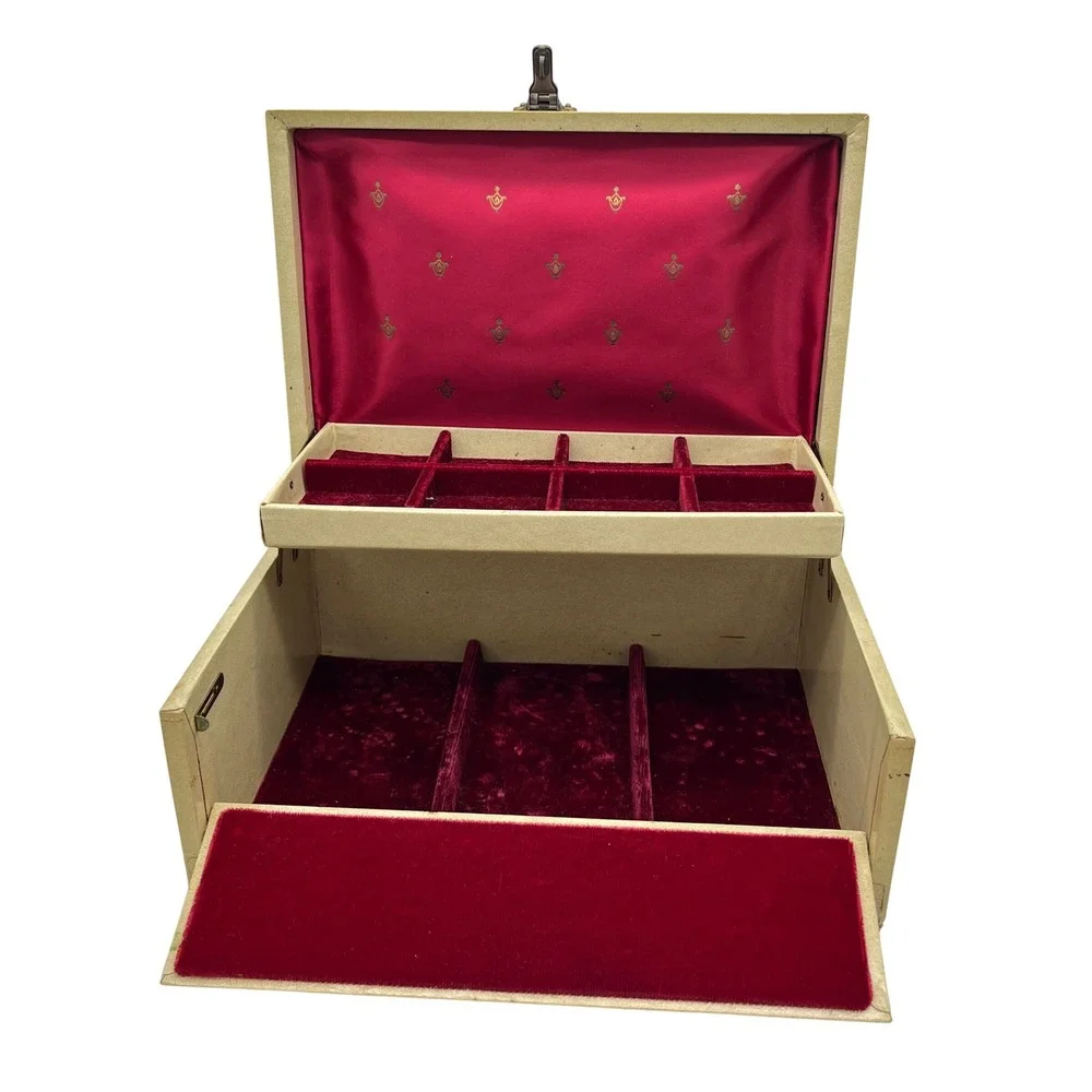 Vintage Cream Faux Leather Jewelry Box Red Velvet Lining Gold Floral Latch